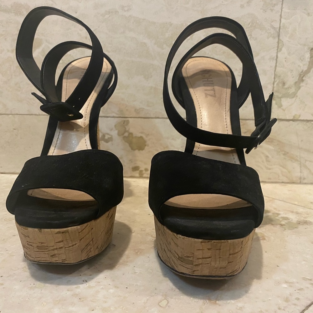 SCHUTZ Black Suede Top Platform Slingback Shoes size US 8.5